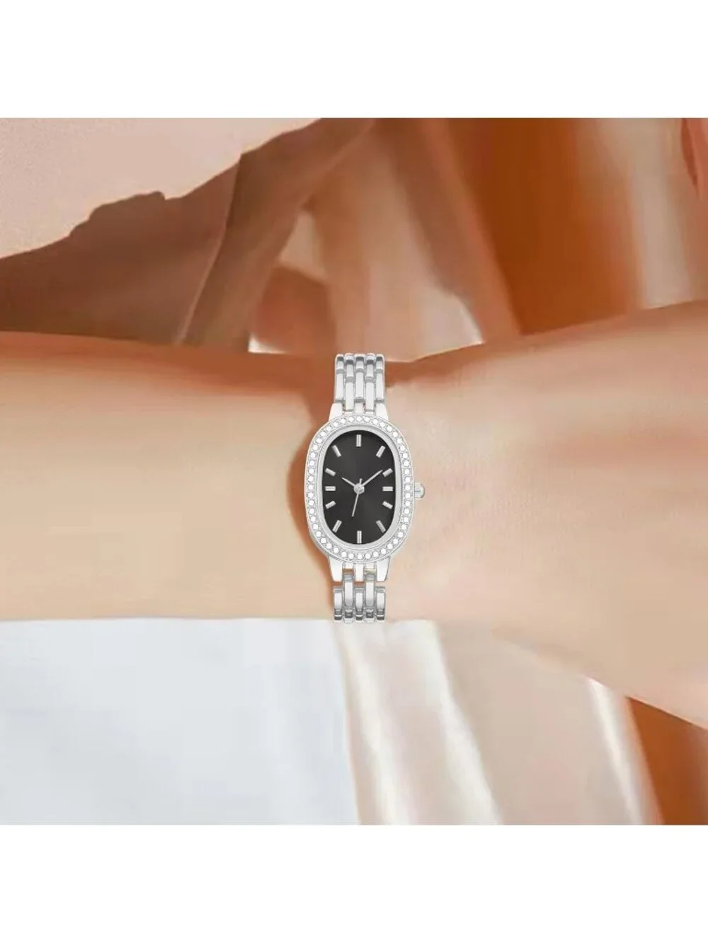 Women Silver And Black Quartz Bracelet Solid Reloj Para Mujer Small Dainty Watch